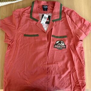 Jurassic Park Floral Logo Women's Slightly Cropped Woven Button-Up